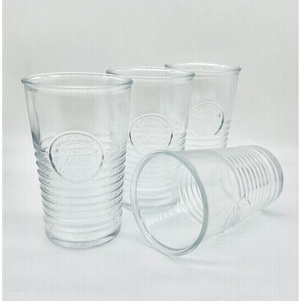 Set of 4  Bormioli Rocco Officina 1825 Glasses horizontal ridges embossed seal